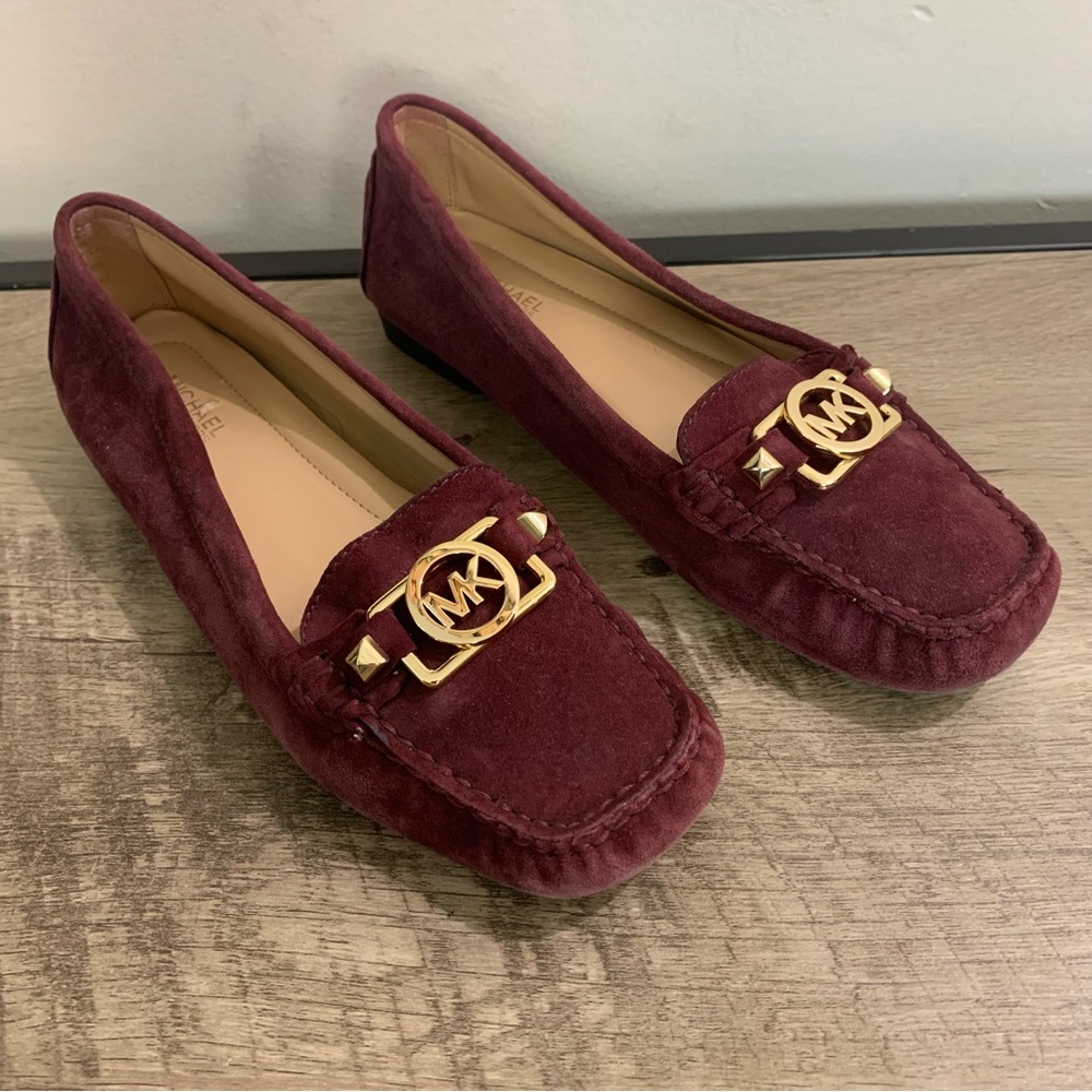 Women's MICHAEL KORS Burgundy Suede MK Gold Logo SQUARE Toe DESIGNER Loafers  7